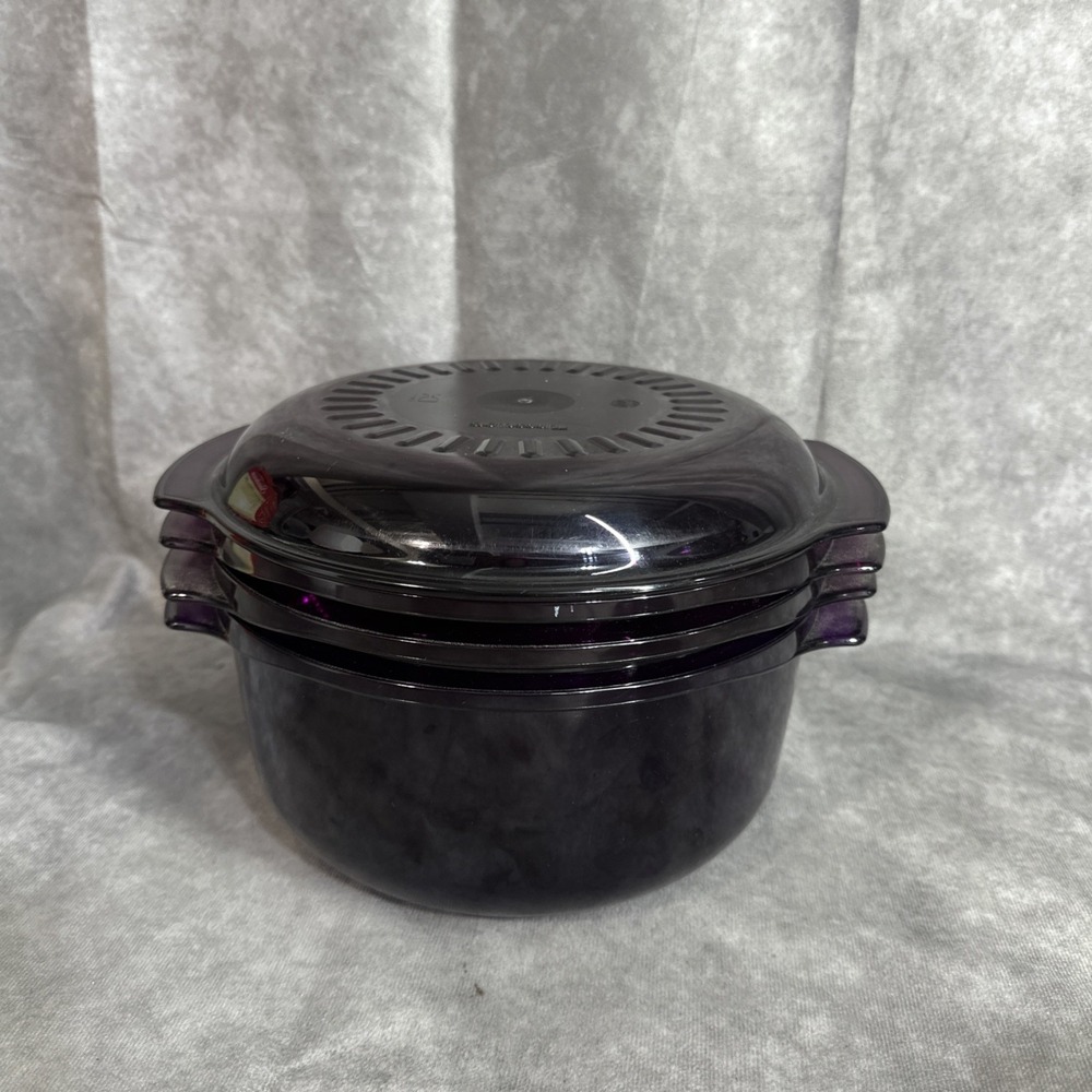 Set of 4 Tupperware Stack Cooker PURPLE Acrylic Microwave Bowls Lid Colander